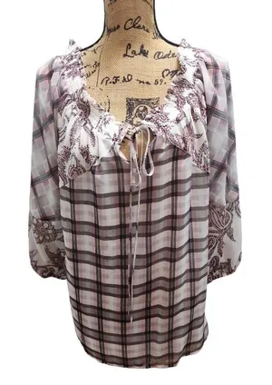 LOFT Plaid Peasant Blouse Ruffled Collar Paisley‎ Sleeves Women's Top thumbnail 1