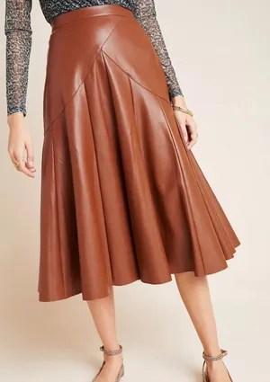 Anthropologie Maeve Mariska Brown Faux Leather Midi Skirt Size 2 A Line NWT thumbnail 1