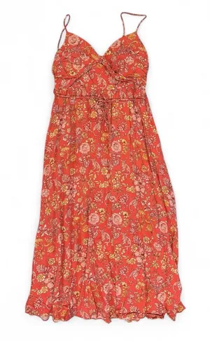 HERE COMES THE SUN Women’s Floral Orange Maxi Dress With Spaghetti Straps Size M thumbnail 1