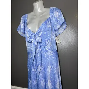 Altar'd State Dress Womens Medium Blue Floral Tie Front Flutter Sleeve Maxi thumbnail 6