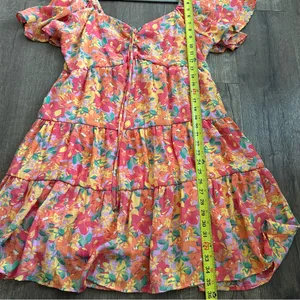 Marissa Olivia Red Orange Floral Flutter Sleeve Peasant Smocked Mini Dress L thumbnail 11