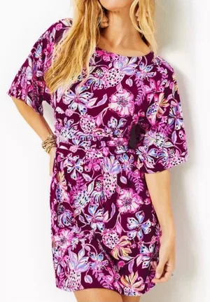 Lilly Pulitzer Hollee Dress Berry Sangria Floral Purple Mini V-Back Womens L thumbnail 1
