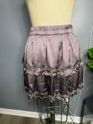 Beaded Scalloped Satin Tiered Mini Skirt - Taupe / Mauve Satin Tiered Mini Skirt with Metallic Bead Embroidery & Scallop Hem thumbnail 2