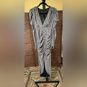 New Lulus Party Glam Metallic Silver Long Sleeve Ruched Midi Dress – Size Small thumbnail 3