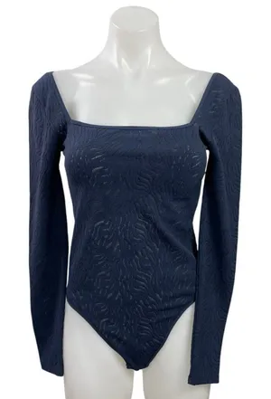 Aritzia Babaton Navy Blue Textured Square Neck Long Sleeve Bodysuit Top Size M thumbnail 1