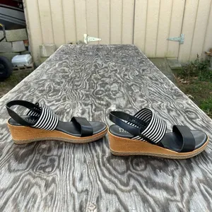 𝅺ITALIAN‎ Shoemakers Shoes Wedge black white spring summer Strappy stripe thumbnail 5