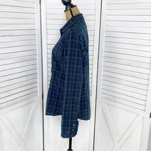 Tommy Hilfiger Plaid Ruffle Cuff Trim Button Front‎ Shirt Green Navy Medium thumbnail 2