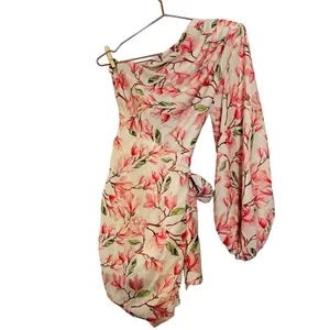 BRONX AND BANCO Layla Floral Pink White One Shoulder Silk Bow Mini Dress Size S thumbnail 7