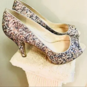 Nine West Metallic Giltter Heels Sparkly Silver Lace Open Toe Evening 7.5 M thumbnail 3