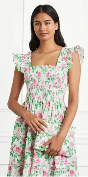 Hill‎ House Home Nap Dress Womens XXL White Pink Floral Ellie Smocked Midi Dress thumbnail 1