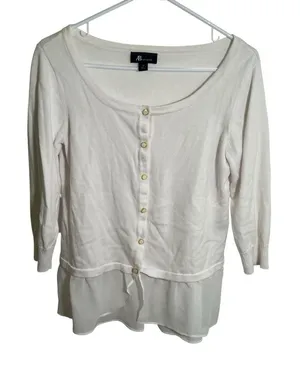 AB‎ Studio Women's Size Medium Cardigan Blouse Peplum Hem White Scoop Neck thumbnail 1