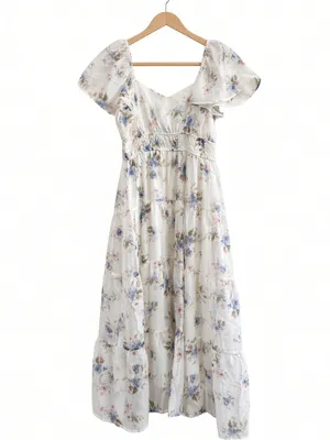 Floral Chiffon Flounce Sleeve Shirred Midi Dress Medium thumbnail 14