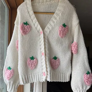 Cream Cardigan with Pink Strawberry Appliqués thumbnail 1