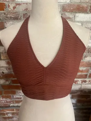 Booty by Brabants Peak V Top Rust Brown Textured Croco Halter Sports Bra thumbnail 1