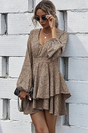 Tan Dalmatian Bishop Sleeve Tiered Ruffle Mini Dress Medium thumbnail 1