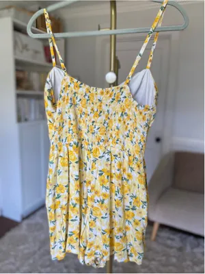 AUW Yellow Floral‎ Smocked Mini Romper Shorts Pockets Cottagecore Coquette Boho thumbnail 3