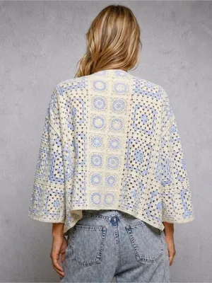 POL Blue Crochet Granny Square Knit Open Cardigan thumbnail 3