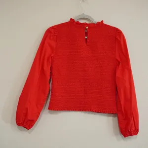 J. Crew Small Smocked Top Bright Red Puff Sleeve Ruffle Neck Organic Cotton thumbnail 6