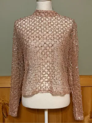 Anthropologie Blue Tassel Sheer Pearl Embellished Glittery Top size Large thumbnail 2