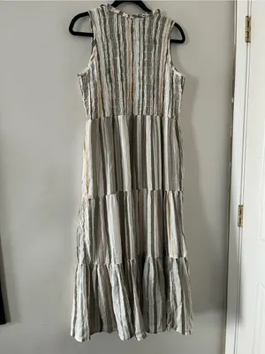 Green White Striped Cotton Tiered Button Up Maxi Dress Small Coastal Resort thumbnail 8