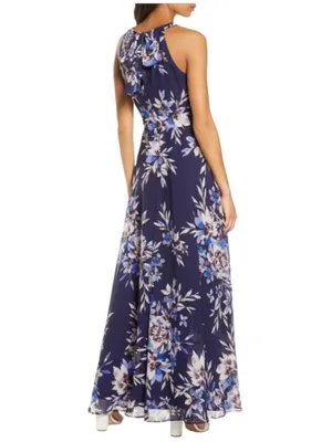 Eliza J Navy Floral Print Chiffon Halter Neck Maxi Dress size 12 NO SASH thumbnail 2