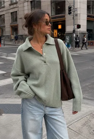 Abercrombie & Fitch Sage Green Polo Knit Pullover thumbnail 1