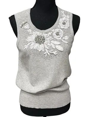 Tracy Reese Embellished Cashmere Cotton Sleeveless Sweater Top Grey Size Large thumbnail 1