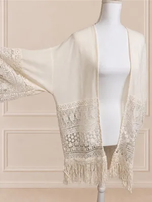 Anthropologie NWT Ivory Lace Fringe Kimono Cardigan Boho Size L Festival Bohemian Cardigan thumbnail 4