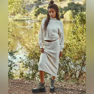 Free People Hailee Sweater Skirt Set in Powder Sand L thumbnail 4