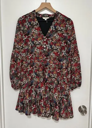 ENTRO | Floral V Neck‎ Button Front Long Balloon Sleeve Chiffon Mini Dress, S thumbnail 1