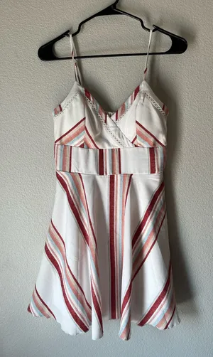 Francesca's White Striped Summer Dress with Rust & Teal Accents thumbnail 1
