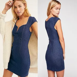 Free People Denim Jean Lia Split Neck Cap Sleeve Stretch Mini Bodycon Dress XS thumbnail 4