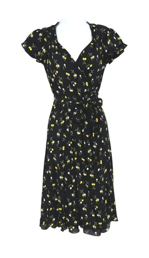 Dollz & Dames Cherry Sweetheart Wrap Dress Black Yellow Size XS Retro Pin-up thumbnail 1