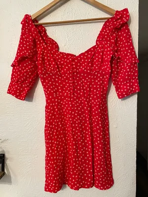 For Love & Lemons Red Buttoned Polka Dot Ruffle Mini Dress XS thumbnail 2