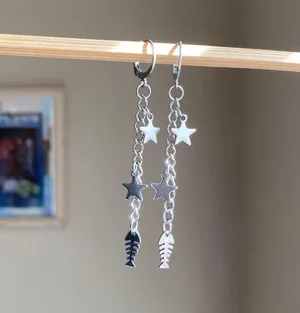 fish bone & star fully stainless steel unique funky dangle earrings🌀🐟💙⭐️ thumbnail 3