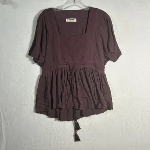 Lucky Brand Square Neck Peplum Top‎ Tassel Drawstring Burgundy XS thumbnail 8