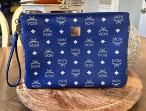 MCM Royal Blue Monogram Wristlet Clutch thumbnail 1