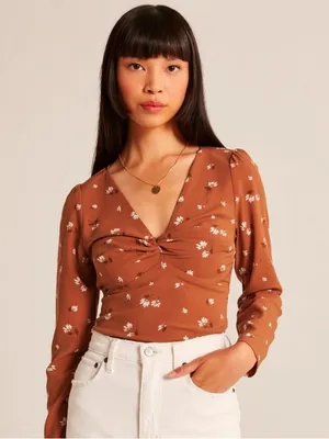 Abercrombie & Fitch Long-Sleeve Twist Front Floral Blouse M Rust Orange thumbnail 5