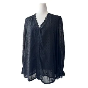 Black Semi-Sheer Swiss Dot V-Neck Relaxed Fit Long Sleeve Blouse thumbnail 3