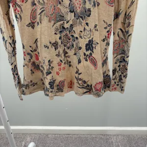 LOFT Beige Floral Print Long Sleeve Cotton Lightweight Knitted Sweater thumbnail 4