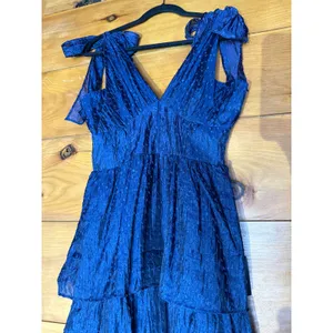 NWT Lulus Blissful Direction Navy Tie-Strap Clip Dot Bustier Midi Dress Gala M thumbnail 5