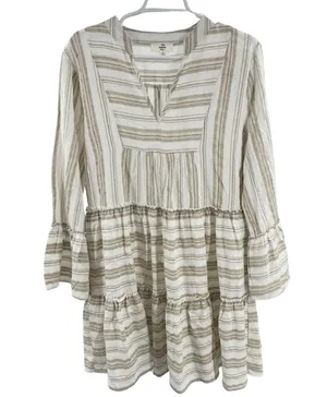 Entro drop waist cream tan tier lined neutral dress ruffle sleeve L vacation thumbnail 1