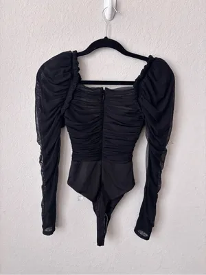 House of CB Black Ruched Mesh Puff-Sleeve Square Neck Bodysuit Size XS thumbnail 8