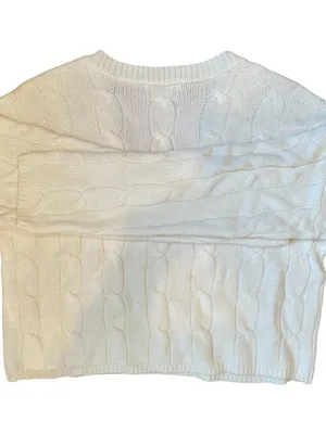 SO Cable Knit Cropped Boxy Sweater Women's Lg Cream V-Neck Winter Holiday Fall thumbnail 2