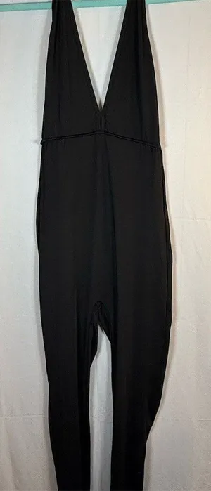 Womens Black Halter Jumpsuit S Deep V Open Back Ruched Straight Leg 28 unbranded thumbnail 1