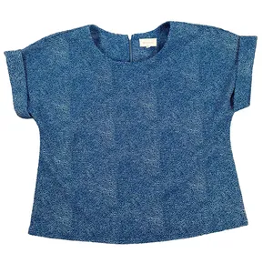 Melloday Blue Dotted Blouse Women's Medium Short Sleeve Round Neck thumbnail 1
