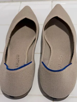 Rothy's Pointed Toe Knit Flats in Light Beige with Blue Trim thumbnail 4