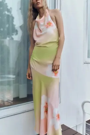 Zara Elegant Multicolor Halter Floral Maxi Dress bohemian vacation Summer thumbnail 16