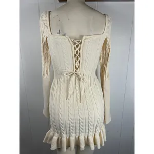 ASOS DESIGN long sleeve cable knit mini dress with frills lace up detail Size 8 thumbnail 4