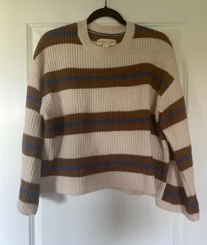 saltwater LUXE Cream Sweater with Brown and Blue Stripes thumbnail 1